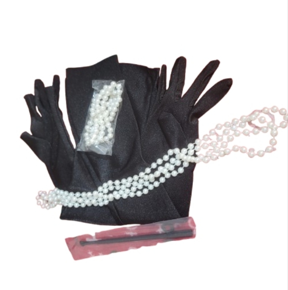 Flapper Costume Set Long Pearl Necklace Bracelet Opera Gloves & Cigarette Holder